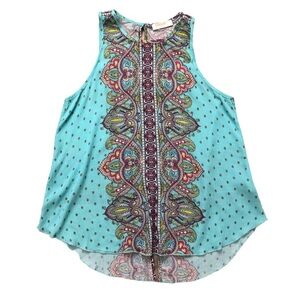 Aqua Blue/Green Paisley Print Sleeveless High Neck Top- Size Medium